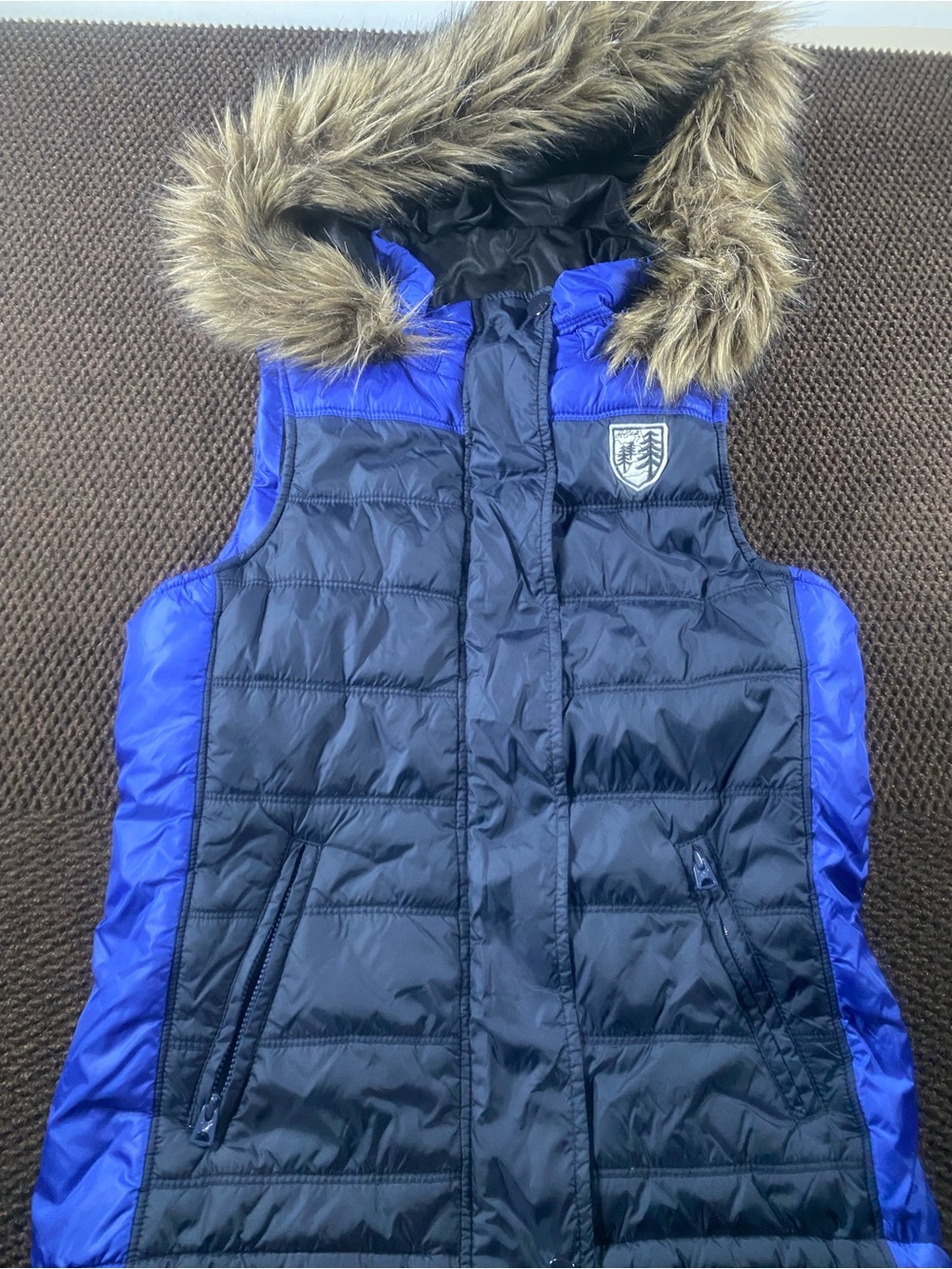 American Eagle Outfitters Navy and Royal Blue Faux Fur Hooded Puffer Vest